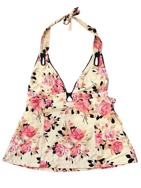 Betsey Johnson Chez Rose Halter Top  Tankini- Pink and Cream, Size Large
